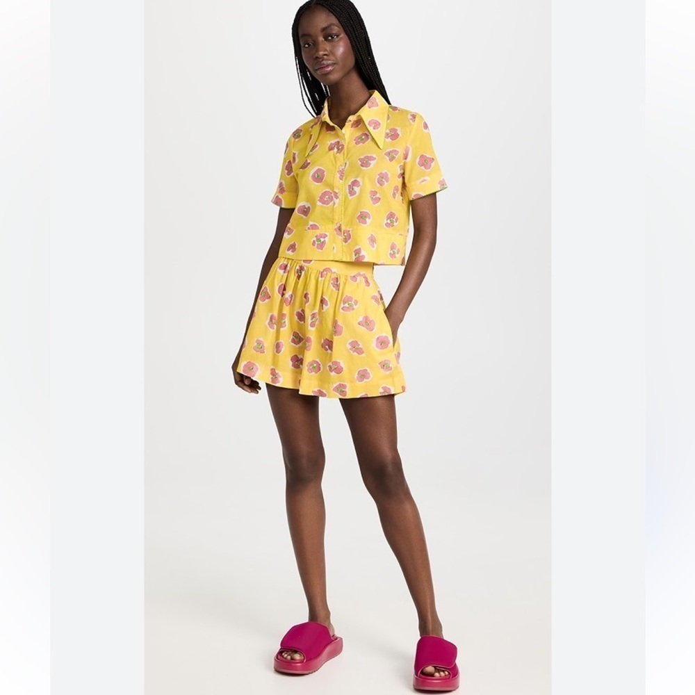 De Loreta 2 Piece Matching Bocaito Blouse Short Set Yellow Floral Cotton Size M